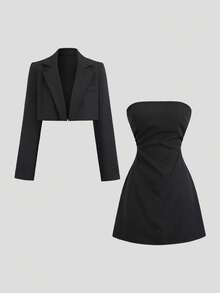 Sweetra 2 件套：优雅修身西装外套和露肩连衣裙，适合通勤、秋冬 - 黑色 - 查看 1