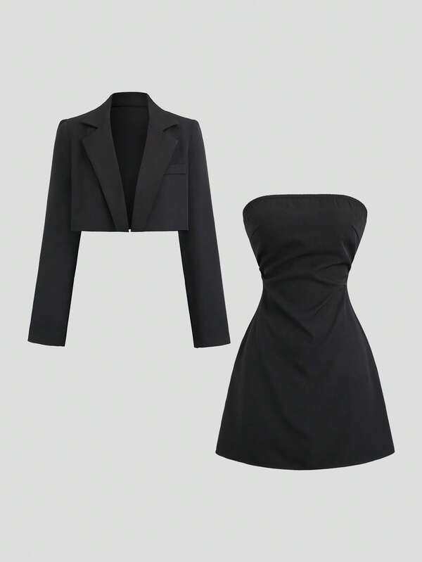 Sweetra Set de 2 piezas: Chaqueta de blazer elegante y ajustada y vestido sin tirantes, adecuado para ir al trabajo, otoño/invierno