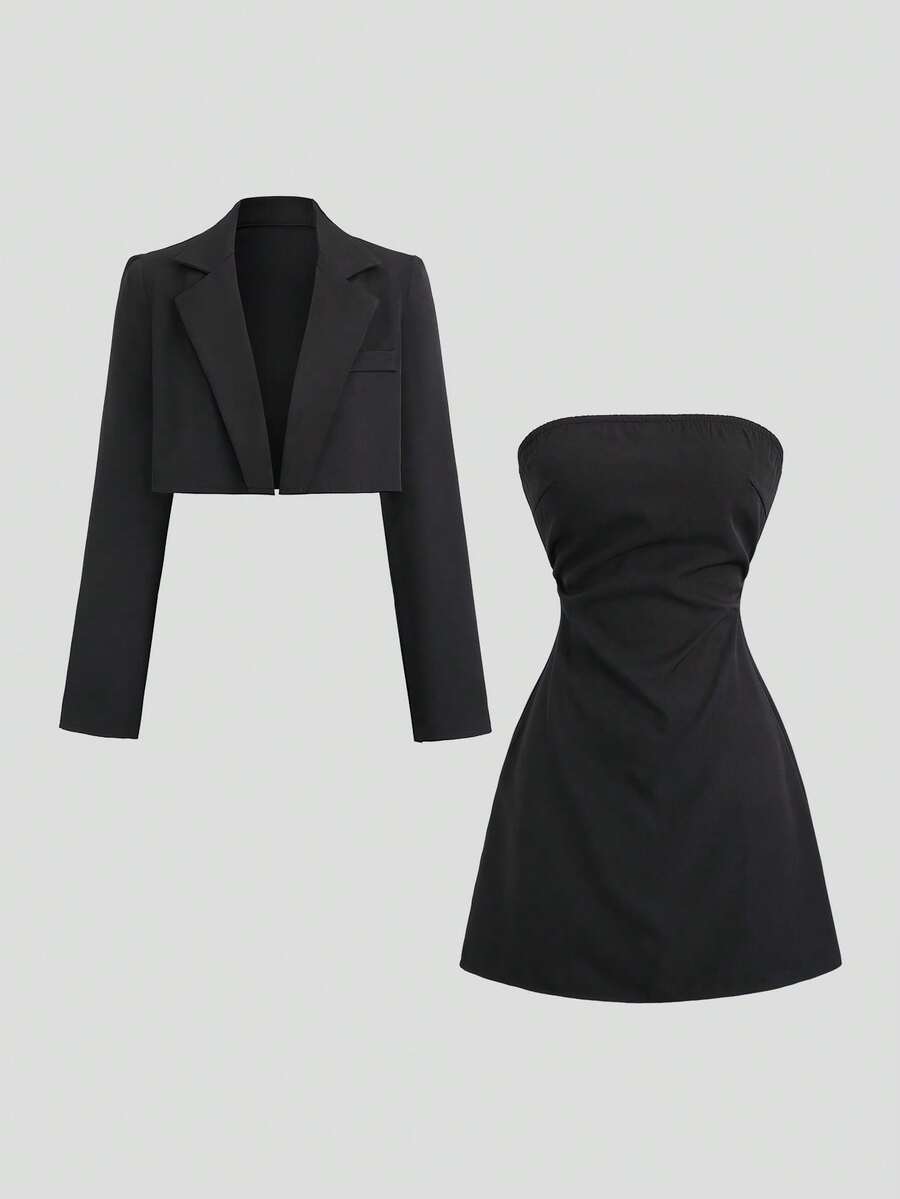 Sweetra 2 件套：优雅修身西装外套和露肩连衣裙，适合通勤、秋冬 - 黑色 - 查看 1