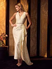 MOTF Soiréza ELEGANT FLORAL JACQUARD RUFFLE WAIST MAXI FORMAL DRESS FOR BANQUET, PARTY, EVENT - Apricot - View 4