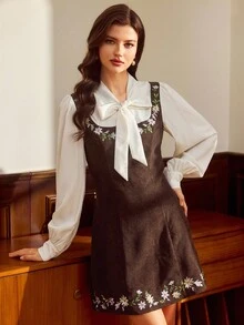 Vintamour Sukienka damska w stylu vintage, klasyczna, elegancka, dopasowana, rozkloszowana, haftowana, 2 w 1, sukienka z długim rękawem, patchworkowa sukienka w kolorze morelowo-kawowym, jesień/zima - Kawowy brązowy - Zobacz 5