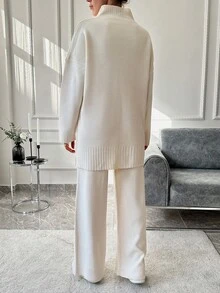 EURMUSE Half Zip Drop Shoulder Sweater & Knit Pants - Apricot - View 2