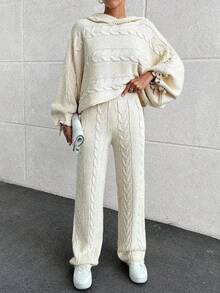 EURMUSE Casual Cable Knit Hooded Crop Sweater & Cable Knit Sweater Pants 2 Piece Co-Ords - Beige - View 5