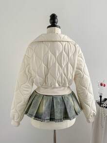 Sweetra 女士时尚别致休闲厚款拉链短款宽松领夹棉大衣，冬季 - 白色 - 查看 2