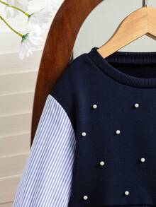 SHEIN 女童条纹印花仿珍珠装饰圆领长袖运动衫 - 藍色 - 查看 5