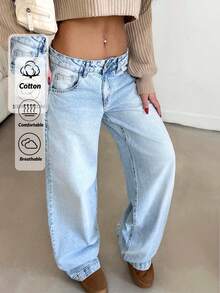 EURMUSE 90 年代风格淡蓝色高腰阔腿牛仔裤 - 中等水洗藍 - 查看 2