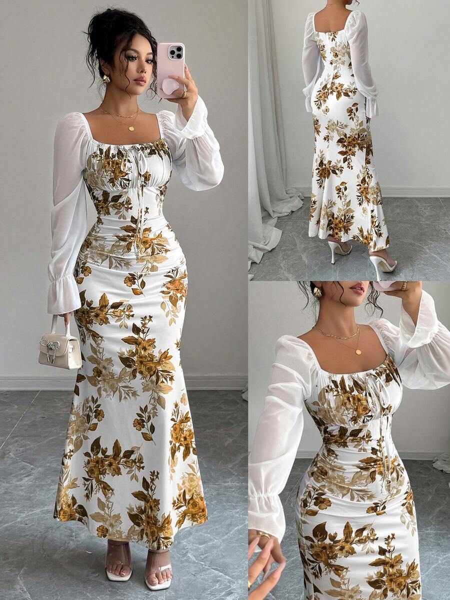 Elenzga 新款女式方领蝴蝶结雪纺泡泡袖设计连衣裙，适合约会、聚会、日常穿着，收腰，修身，优雅，青春，长裙，适合春、夏、秋季 - 棕色 - 查看 1