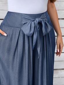 EMERY ROSE Plus Size Women Elegant Casual Tie Knot Long Pants - Blue - View 3
