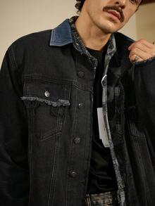 Manfinity Homme Casual Amekaji Black Denim Jacket For Men Regular Length Long Sleeve Plain With Practical Pockets And Collar - Black - View 7