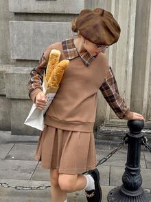 Bộ áo nỉ cổ polo và chân váy 2 trong 1 cho bé gái - Cà phê nâu - Xem 4