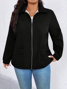 SHEIN CURVE+ Áo khoác lông cừu dài tay có khóa kéo thời trang thu đông bán chạy cho nữ cỡ lớn, áo gió màu trơn đa năng, mặc đi làm thường ngày, phù hợp cho đi bộ đường dài, leo núi, cắm trại - màu đen - Xem 5