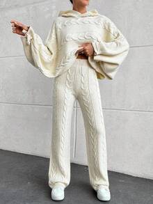EURMUSE Casual Cable Knit Hooded Crop Sweater & Cable Knit Sweater Pants 2 Piece Co-Ords - Beige - View 6
