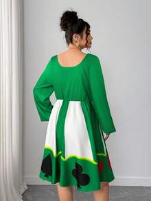 Elenzga Christmas Kooky Elegance Collection (Woe Is Me Vibes)(Wednesday Aesthetic) Halloween Dark Spade Heart Print Waist Fit And Flare Dress - Green - View 2