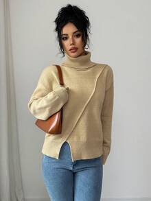 SHEIN Elenzya Women's Turtleneck Ribbed Slit Casual Elegant Pullover Sweater, Autumn/Winter - Apricot - View 4