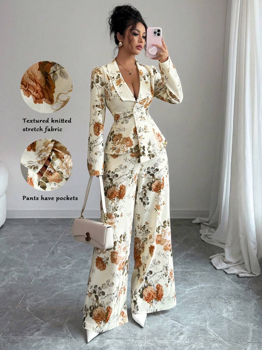 Elenzga 2 件套女式花卉印花西装领长袖开襟夹克和阔腿裤，松紧腰，时尚，百搭，优雅，春秋 - 棕色 - 查看 1