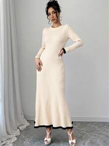 EURMUSE 女士长款荷叶边 A 字形毛衣裙，撞色滚边 - 奶油色 - 查看 3