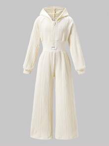 Sparklyn 青少年女孩休闲杏色针织提花连帽拉链高腰连体裤，适合日常外出 - 杏色 - 查看 4