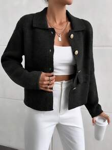 EURMUSE 1pc Solid Color Button Front Elegant Knitted Long Sleeve Cardigan - Black - View 6