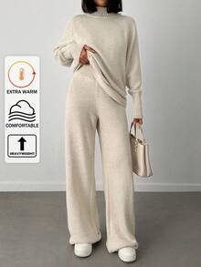 SHEIN Tall Women's Mock Neck Raglan Sleeve Knitted Sweater 2pcs/Set - Beige - View 1