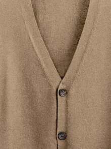 Manfinity Homme 男士休闲V领长袖开衫，百搭纯色，适合日常通勤，秋季男士针织棕色开衫 - 駝色 - 查看 3