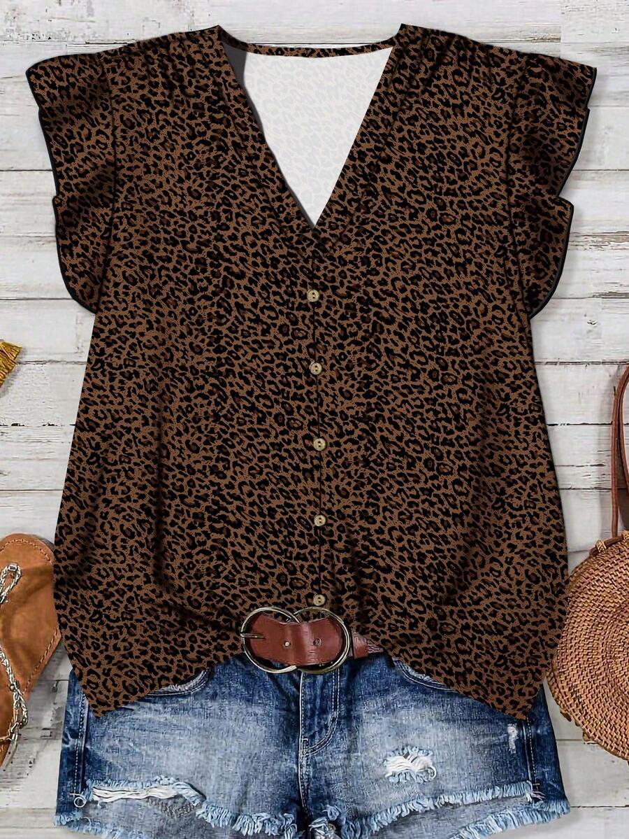 Rusticease Camisa casual de mujer con estampado de leopardo, apta para otoño/verano - Multicolor - Ver 1