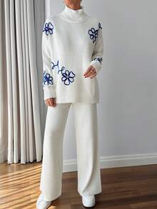 EURMUSE Women 3d Floral Embroidery Sweater Co-Ord Set - White - View 5