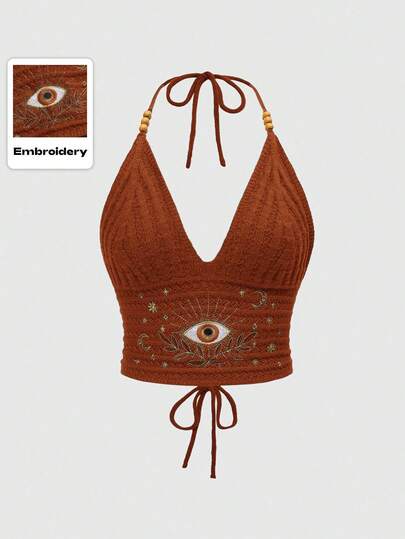 ROMWE Hippie 波西米亚风夏日嬉皮度假风眼睛、月亮和星星刺绣串珠针织上衣