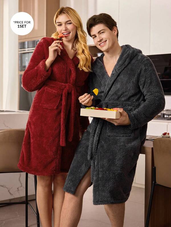CoupledUp Men's Cozy Loose Fit Dark Grey Hooded Bathrobe With Tie Waist, Fluffy, Winter