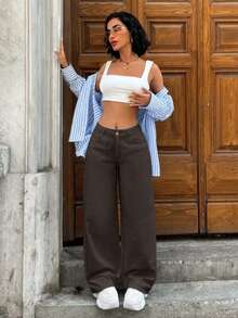 SHEIN Cottnline WOMEN LOOSE LOW WAIST WIDELEG EVERYDAY CASUAL JEAN - Brown - View 5