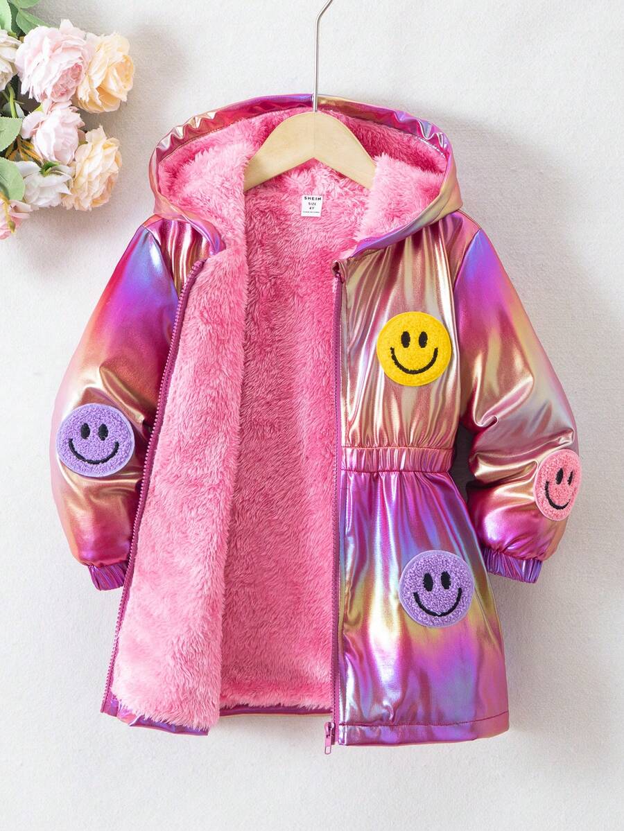 SHEIN Elladie kids 年轻女孩 1 件毛绒保暖经典街头风格连帽长袖外套年轻女孩蓬松外套 - 彩色 - 查看 1