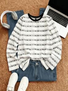 GlowEve 女式休闲全身印花宽松圆领长袖 T 恤，秋季 - 黑與白 - 查看 1