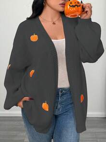 Elenzga Plus Size Casual Loose Fit Long Sleeve Cardigans, Versatile For Everyday Wear - Dark Grey - View 1