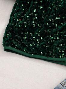 Tween Girl Sequin Patchwork Bow Decor Round Neck Long Sleeve Jacket - Dark Green - View 6