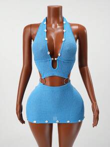 Sirith 夏季新款质感度假女装休闲连衣裙短款连衣裙性感后背吊带贝壳装饰适合沙滩度假约会 - 藍色 - 查看 5