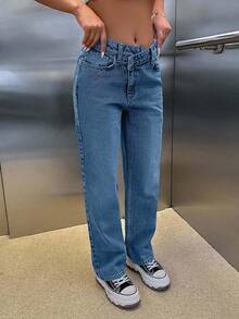 CasuGlow 100% Cotton HIGH RISE ASYMMETRIC BELT STRAIGHT CUT JEAN - Blue - View 3