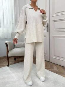 EURMUSE Rib Pattern Polo Neck Sweater And Pant 2pcs Set - Apricot - View 8