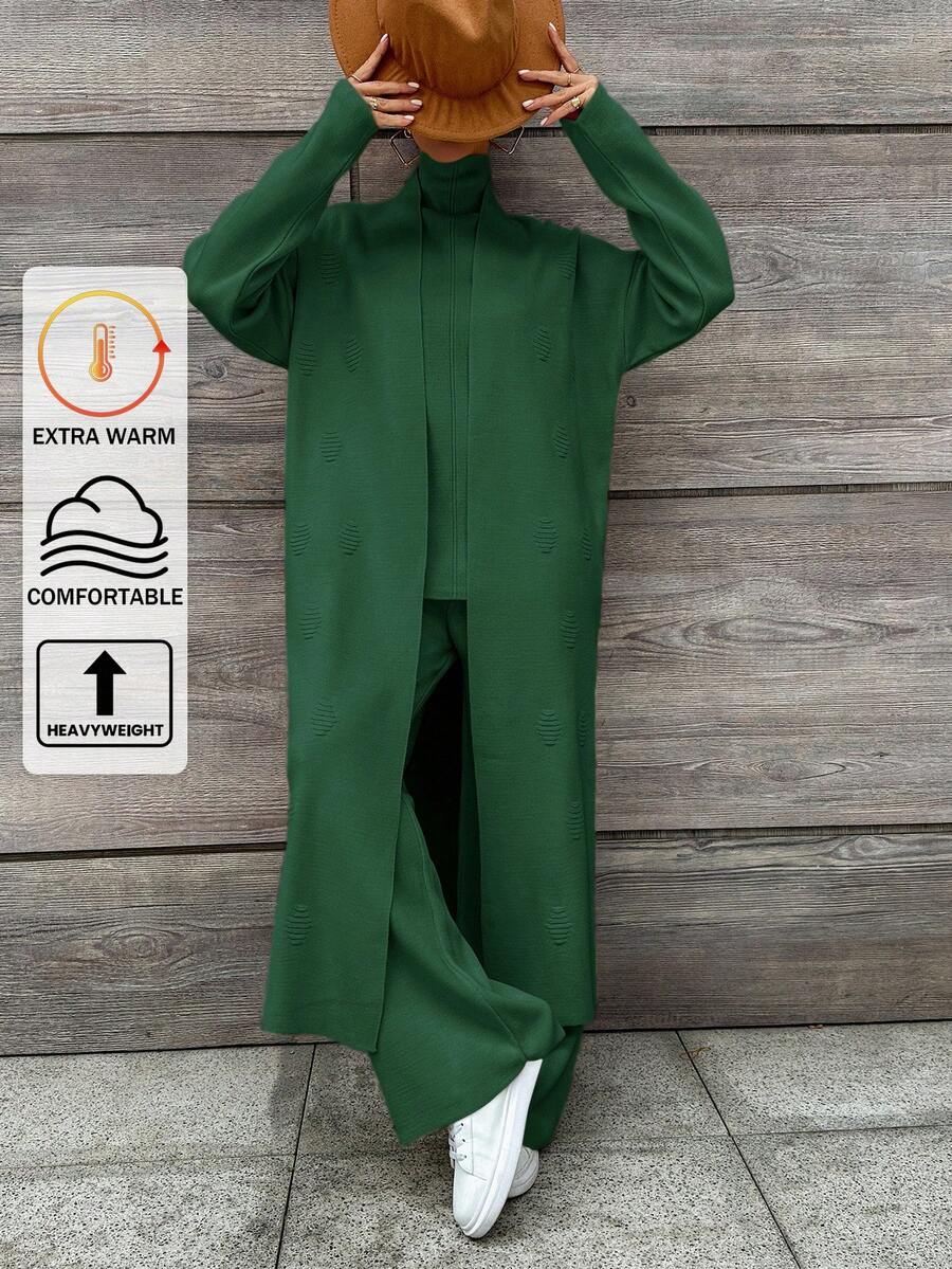 EURMUSE Women's Solid Color Collarless Sleeveless Basic Top, Long Sleeve Maxi Jacket And Long Pants Set - Green - View 1