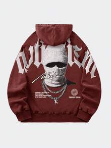 ROMWE MEN Street Life 男士休闲街头风复古水洗印花字母口袋连帽衫，长袖上衣 - 酒紅色 - 查看 2