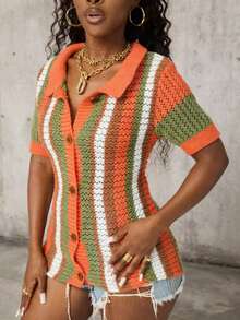 Rovax Women's Striped Short Sleeve Single-Breasted Casual Knit Cardigan - Orange - View 4