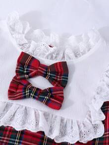 女童荷叶边蝴蝶结蕾丝领格子连衣裙，适合春秋季 - 紅色 - 查看 3