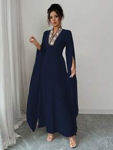 Rafferiza Women's Solid Color Elegant Dignified V-Neck Embroidered Collar Split Long Sleeve Maxi Dress, Suitable For Banquet, Daily Wear, Simple - Navy Blue - View 6