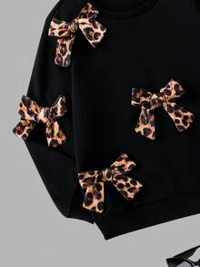 SHEIN 2 件套女童纯色蝴蝶结运动衫和豹纹喇叭裤，可爱又酷炫的春秋季户外、休闲、度假装 - 黑色 - 查看 5
