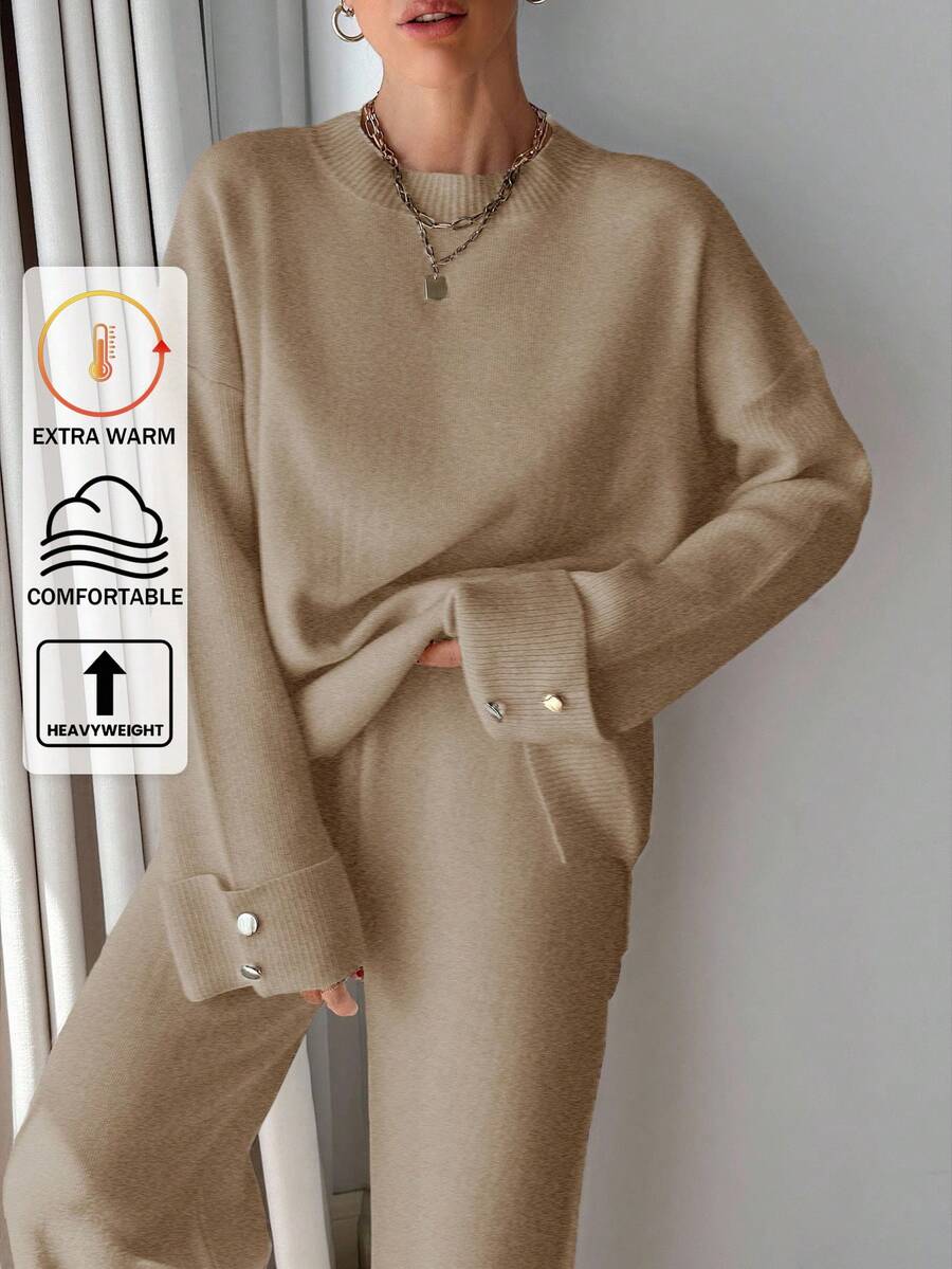 EURMUSE Women Button Detailed Sweater And Pant Set - Camel - View 1