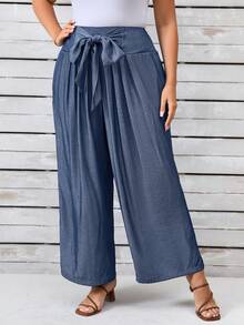 EMERY ROSE Plus Size Women Elegant Casual Tie Knot Long Pants - Blue - View 4