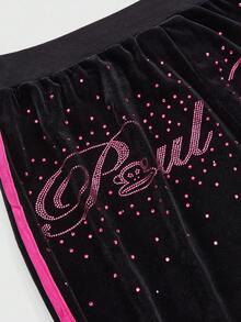 Paul Frank X ROMWE Plus Size Rhinestone Graphic Vintage Velvet Hooded Jacket & Flared Pants 2 Pieces Set, Autumn/Winter - Black - View 2