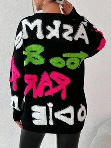 EURMUSE Letter Pattern Drop Shoulder Sweater - Black and White - View 2