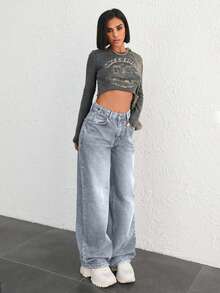 EURMUSE 100% COTTON HIGH WAIST BUTTON DETAILED WIDE LEG JEAN - Baby Blue - View 3