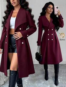SHEIN Elenzya Women's Double-Breasted Lapel Elegant Casual Street Commute Business Romantic Date Party Christmas Coat, Burgundy, Autumn/Winter - Burgundy - View 1
