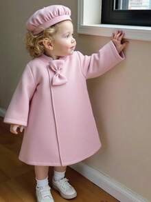 SHEIN Baby Girls Elegant Minimalist Bow Jacket And Hat Set, Autumn/Winter Fall