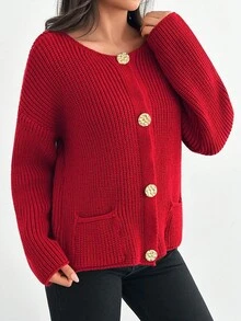 SHEIN Tall Button Detailed Loose Fit Tall Cardigan,Cardigans For Women,Long Cardigans Woman,Petite Cardigans,Cardigans - Red - View 4